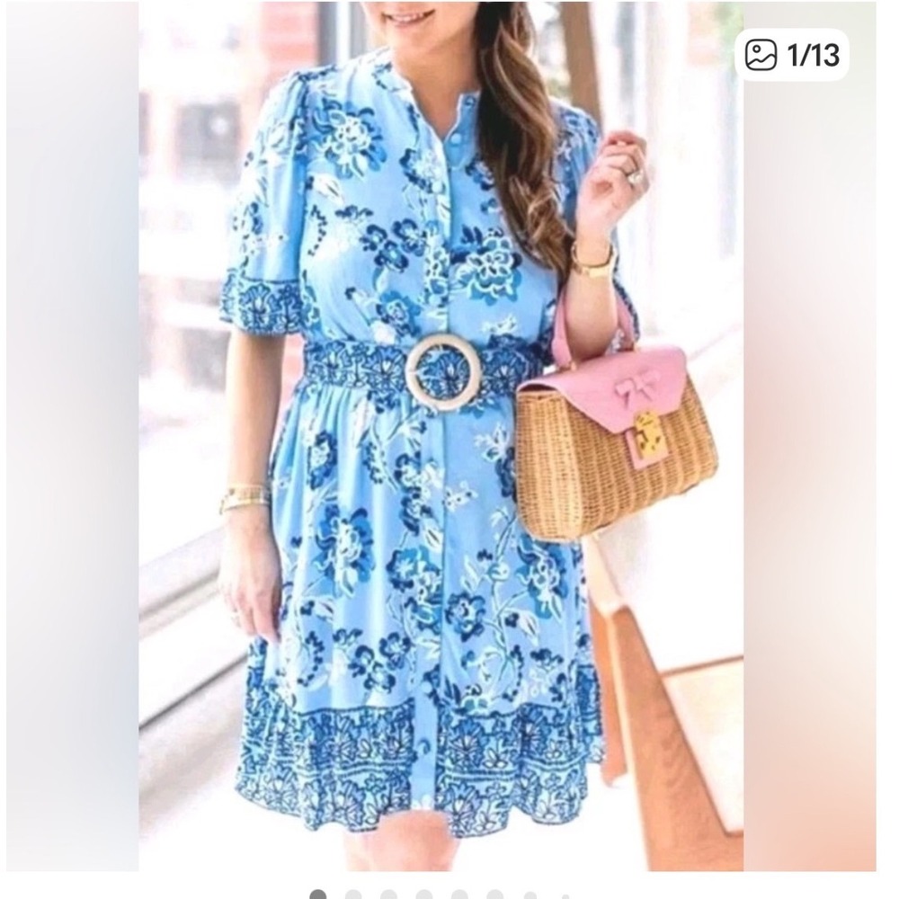 STS Blue Floral Midi Dress Button Front Flutter Sleeve Wood Buckle‎ Belt XL